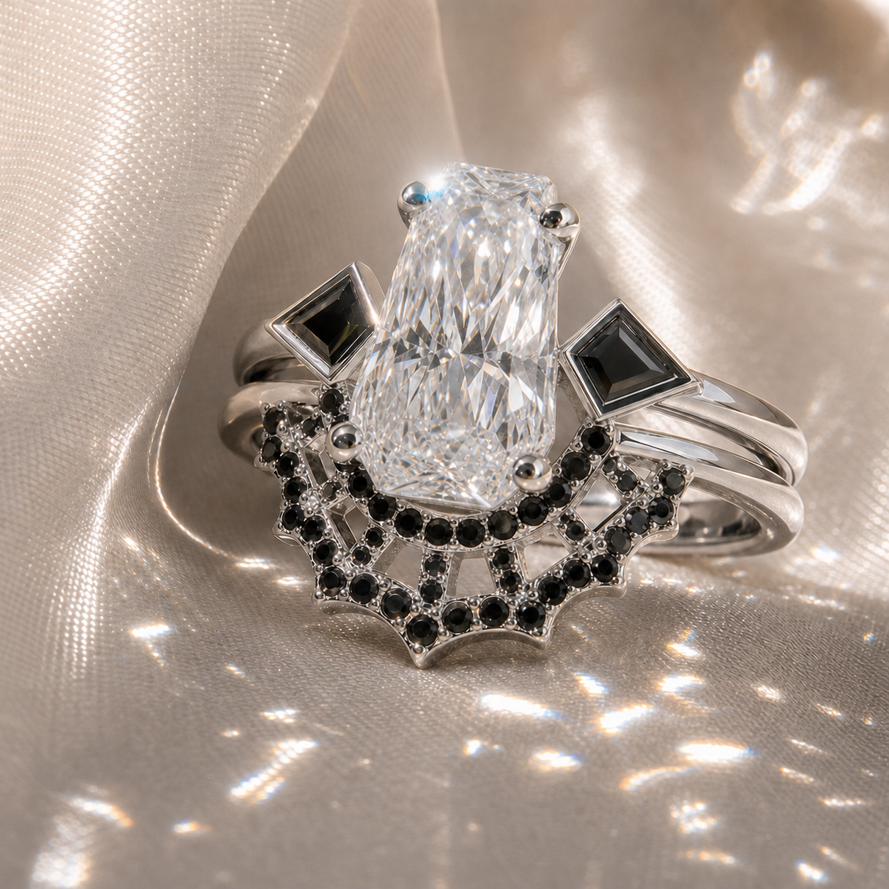 LOVE SPELL- Coffin Cut Diamond Option Spider Web Gothic Wedding Ring Set-Black Diamonds New York
