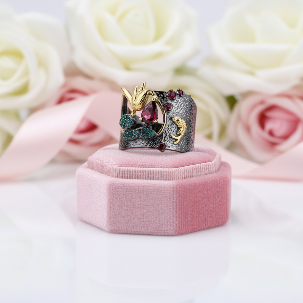 0.52Ct Rhodolite Garnet Handmade Bird Rings-Black Diamonds New York