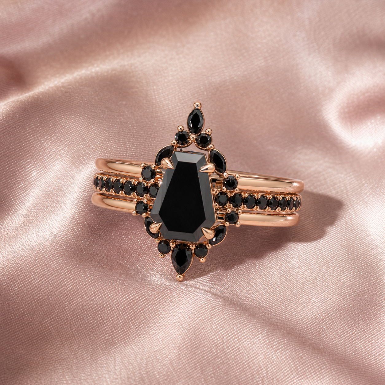 Be Mine Forever rose gold and black three-ring set - right three-quarter view
