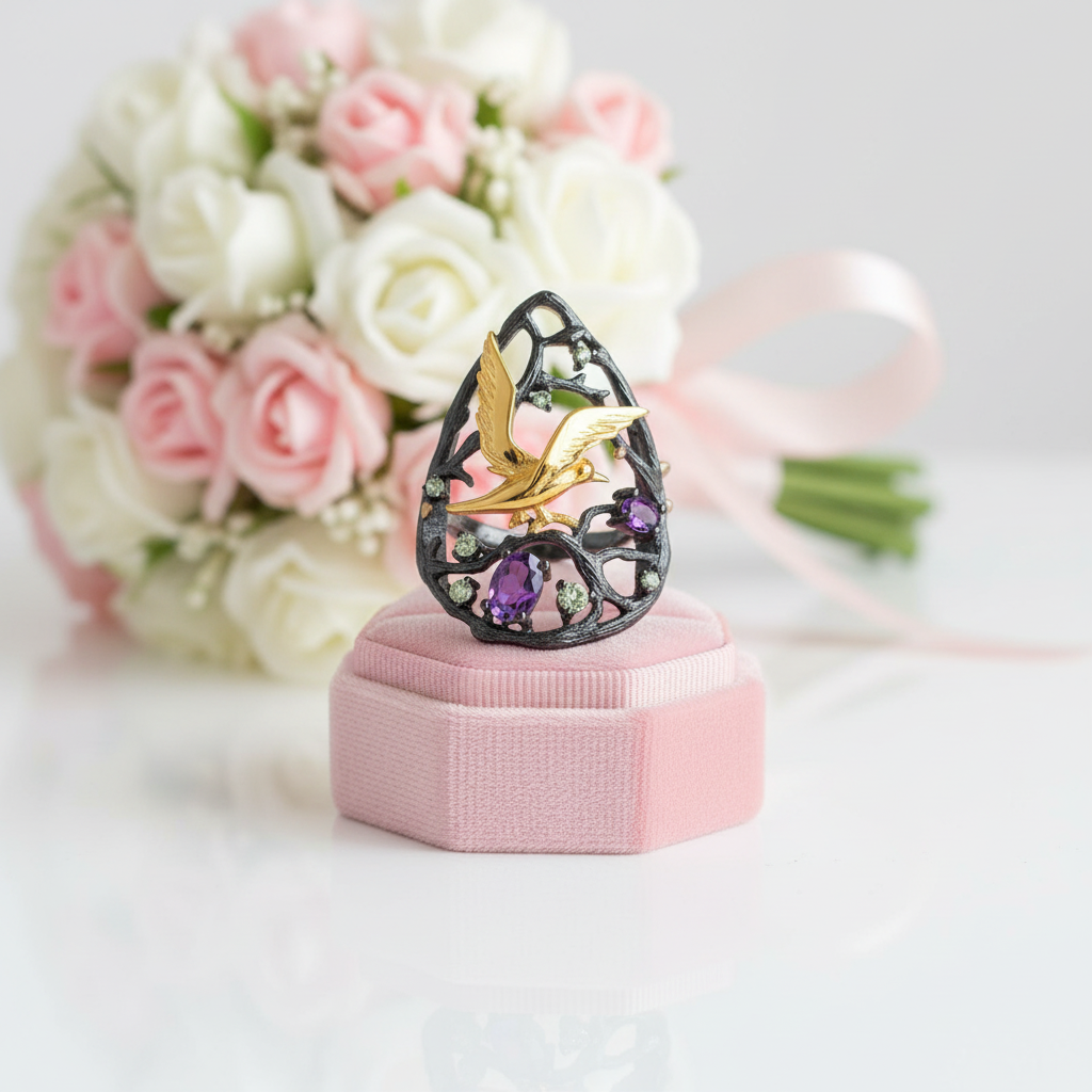 0.66Ct Amethyst Gemstone Bird On the Tree Ring-Black Diamonds New York
