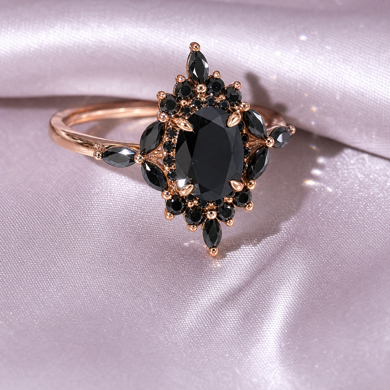 14k Gold Oval Cut 1.0 Ct Diamond Option Antique Flower Engagement Ring-Black Diamonds New York