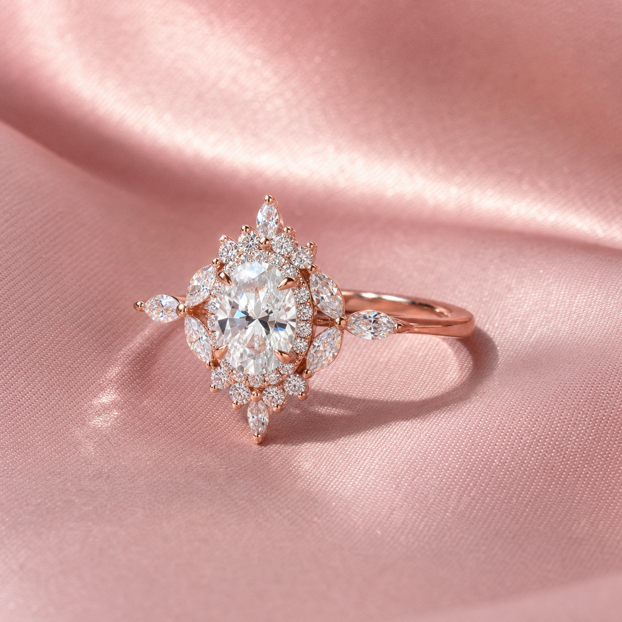 14k Gold Oval Cut 1.0 Ct Diamond Option Antique Flower Engagement Ring-Black Diamonds New York