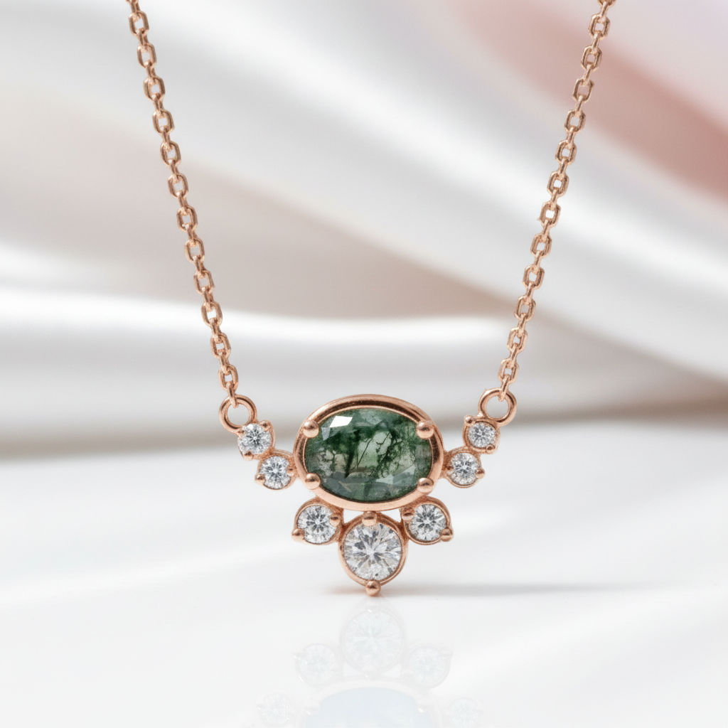 0.79 ctw Oval Cut Natural Moss Agate Necklace-Black Diamonds New York