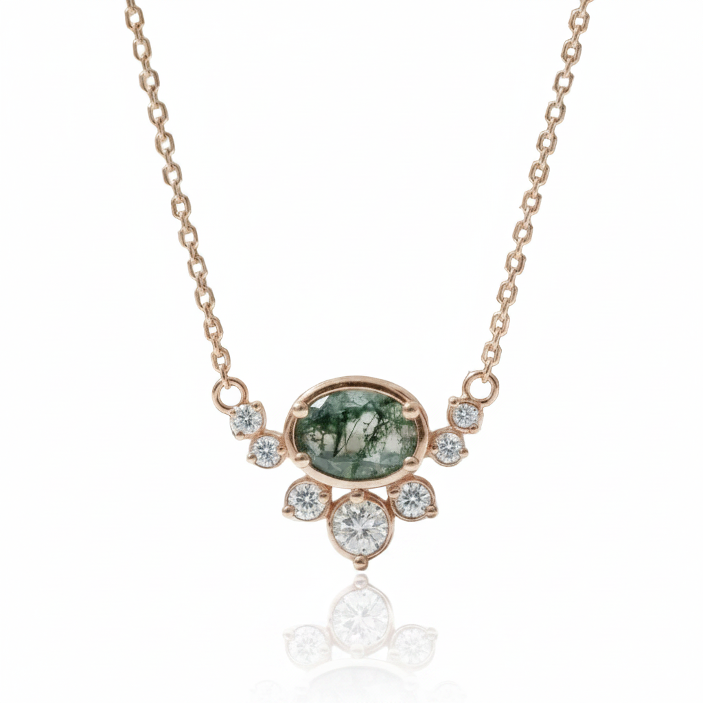 0.79 ctw Oval Cut Natural Moss Agate Necklace-Black Diamonds New York