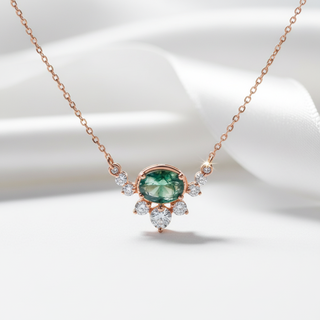 0.79 ctw Oval Cut Natural Moss Agate Necklace-Black Diamonds New York