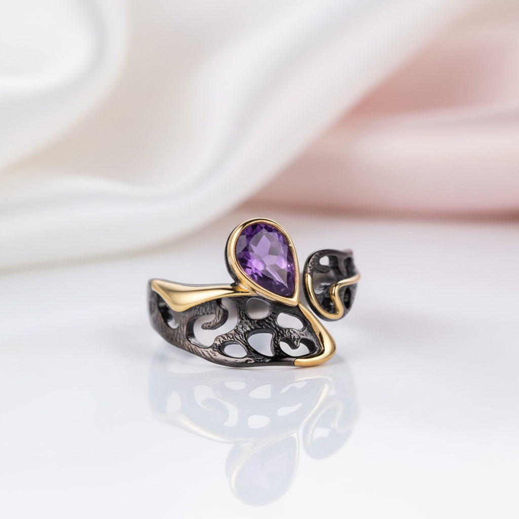 0.86Ct Amethyst Handmade Adjustable Ring-Black Diamonds New York