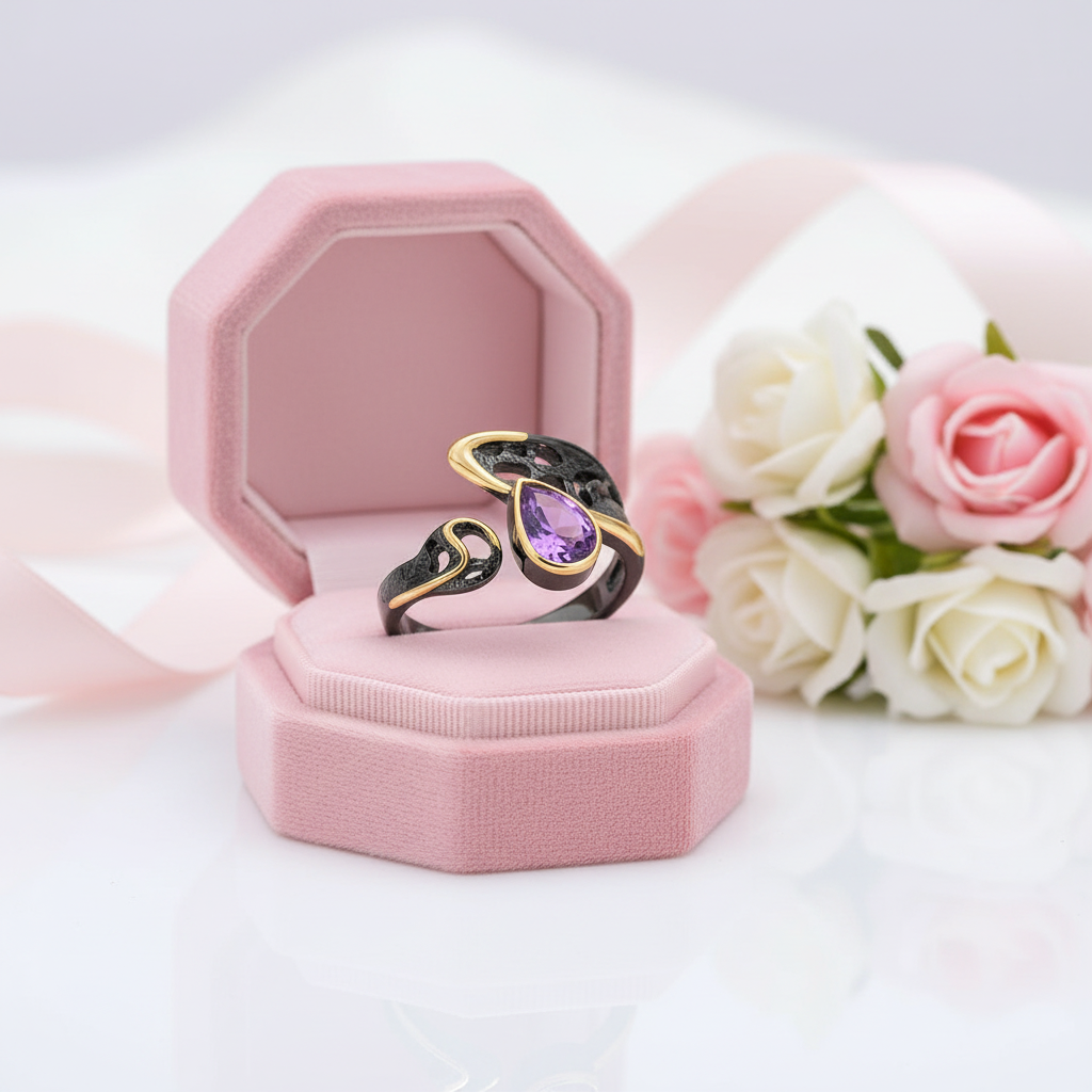 0.86Ct Amethyst Handmade Adjustable Ring-Black Diamonds New York