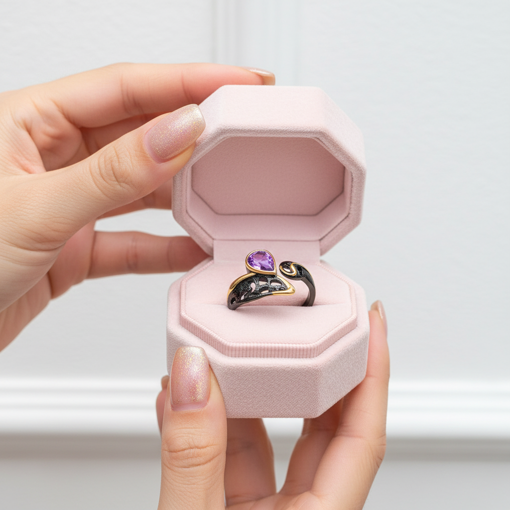 0.86Ct Amethyst Handmade Adjustable Ring-Black Diamonds New York