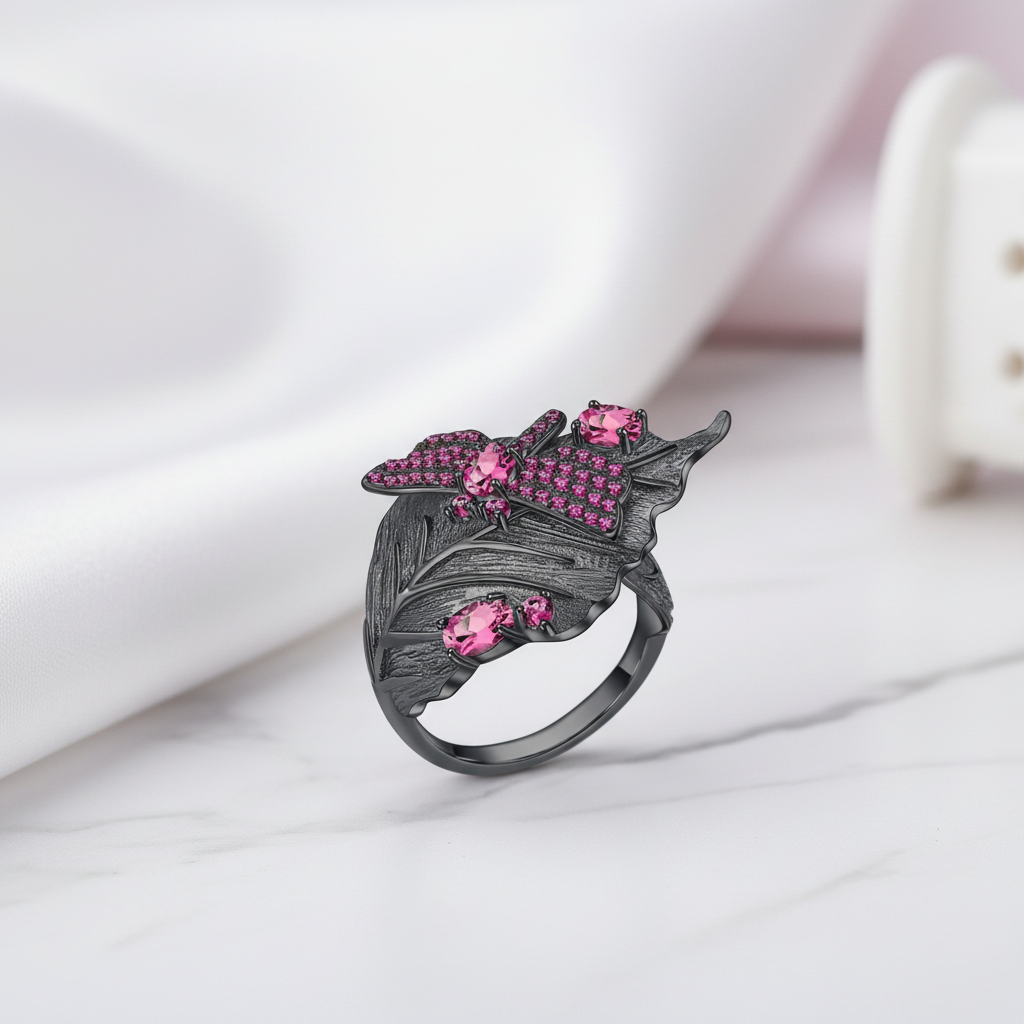 0.88Ct Rhodolite Garnet Adjustable Ring-Black Diamonds New York