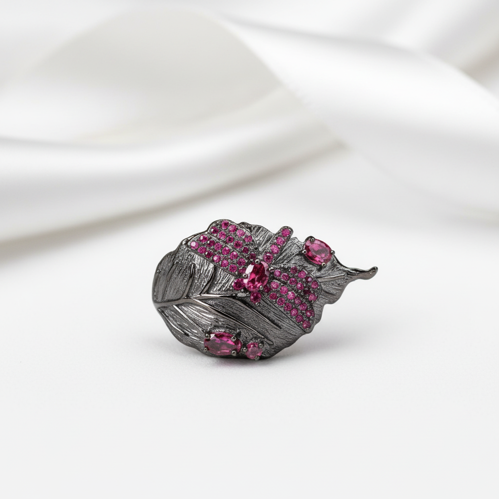 0.88Ct Rhodolite Garnet Adjustable Ring-Black Diamonds New York