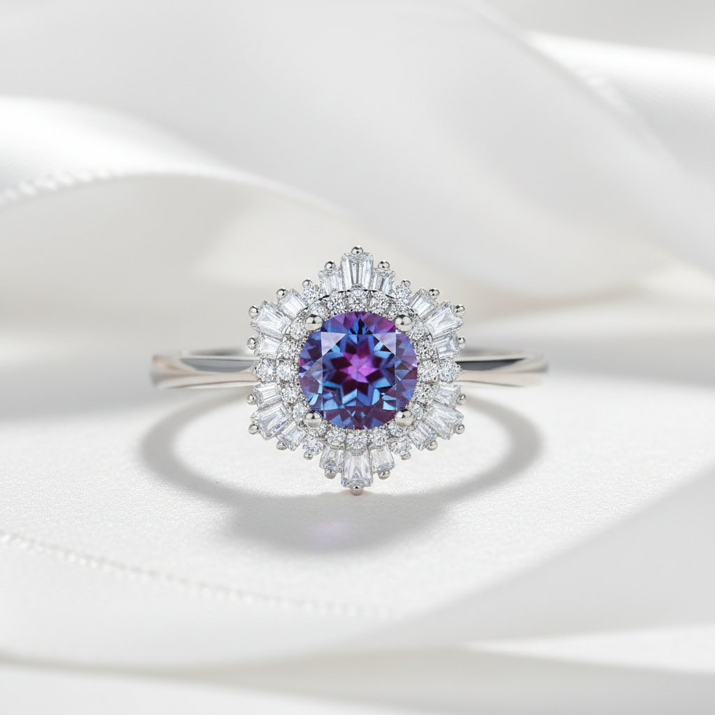 0.8CT Lab Alexandrite Gemstone Engagement Ring-Black Diamonds New York