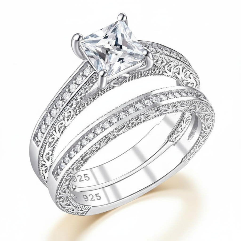 0.8 Ct Princess Cut Diamond Option Vintage Wedding Ring Set-Black Diamonds New York
