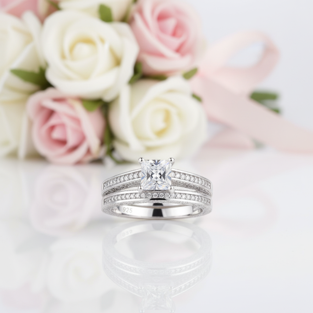0.8 Ct Princess Cut Diamond Option Vintage Wedding Ring Set-Black Diamonds New York
