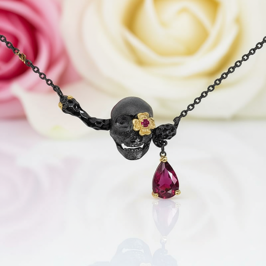 0.9 ct Natural Ruby Gemstone Death Skull Pendant Necklace-Black Diamonds New York