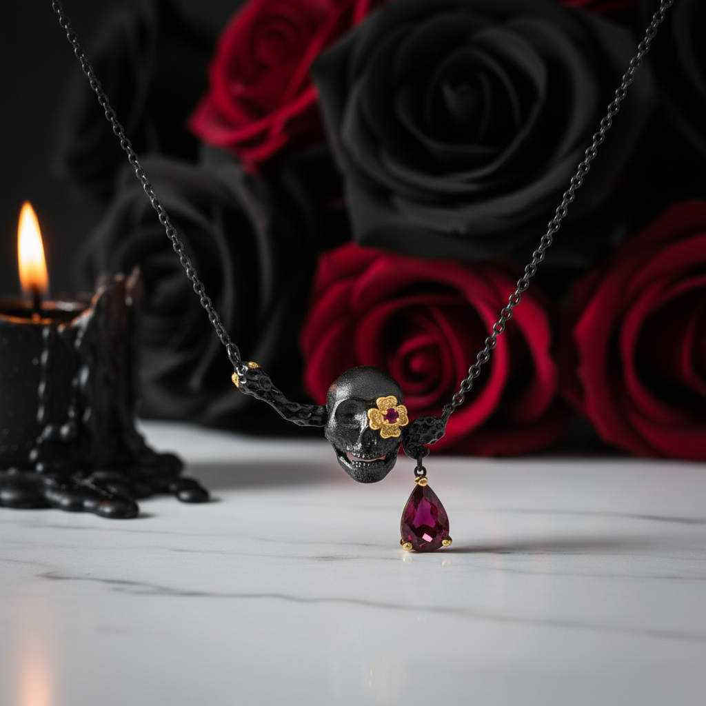 0.9 ct Ruby Gemstone Death Skull Pendant Necklace-Black Diamonds New York