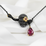 0.9 ct Natural Ruby Gemstone Death Skull Pendant Necklace-Black Diamonds New York