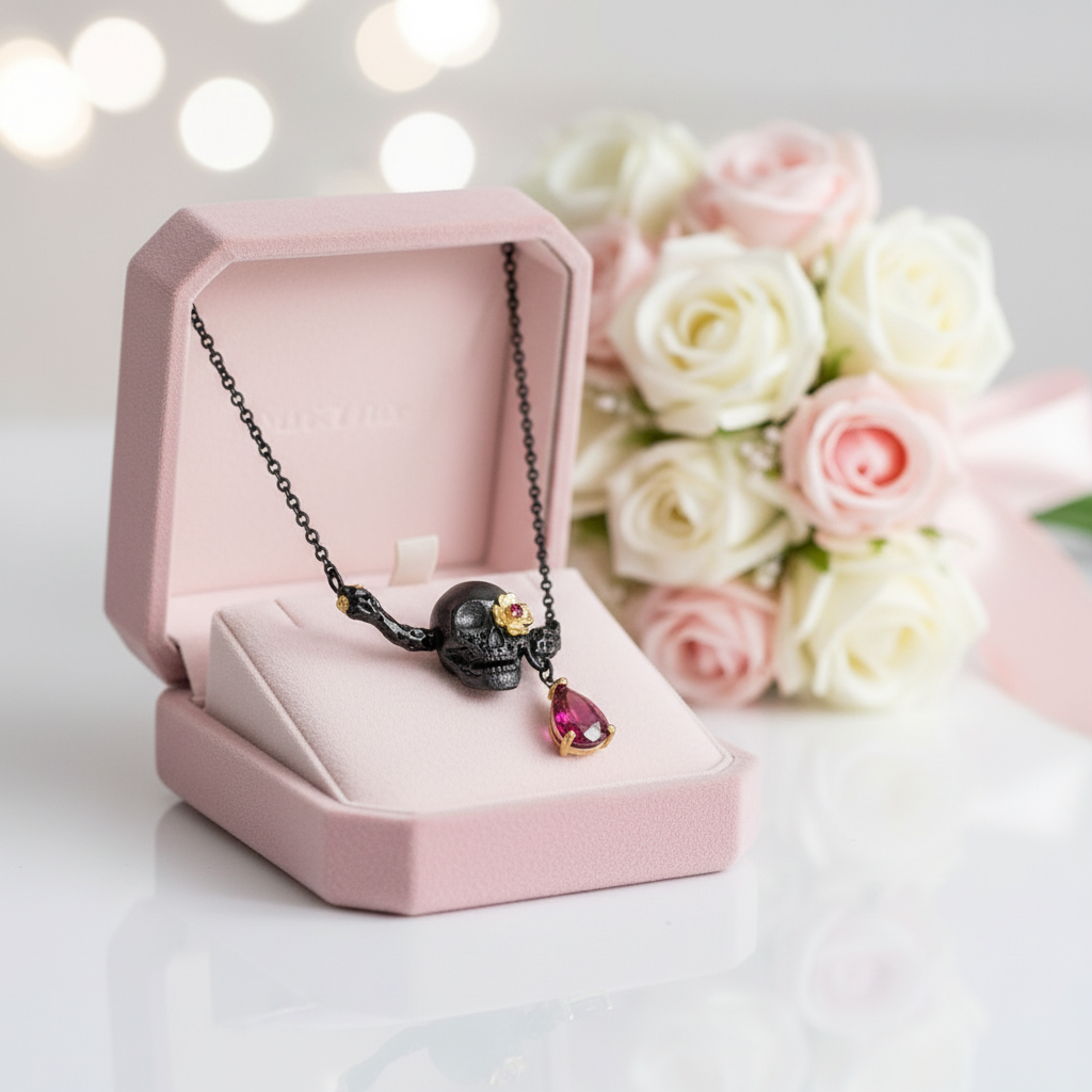 0.9 ct Ruby Gemstone Death Skull Pendant Necklace-Black Diamonds New York