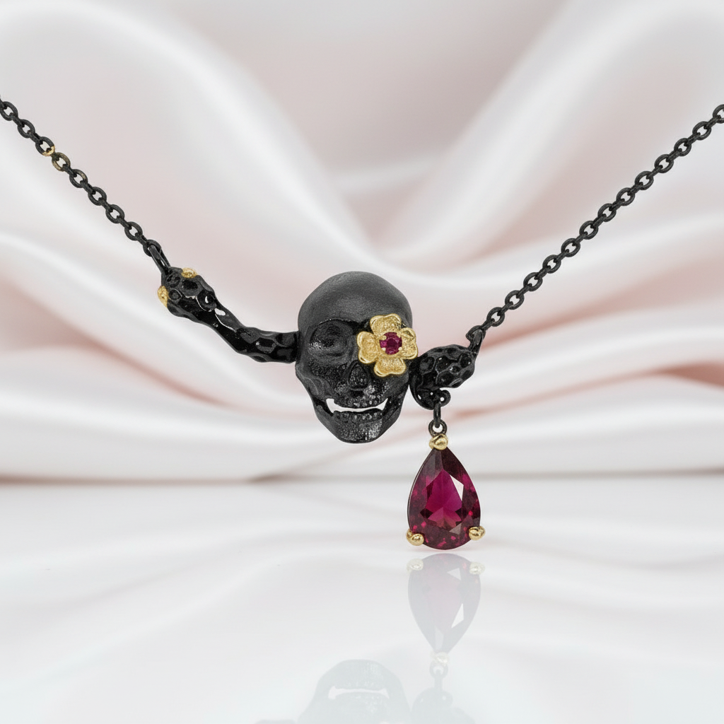 0.9 ct Natural Ruby Gemstone Death Skull Pendant Necklace-Black Diamonds New York
