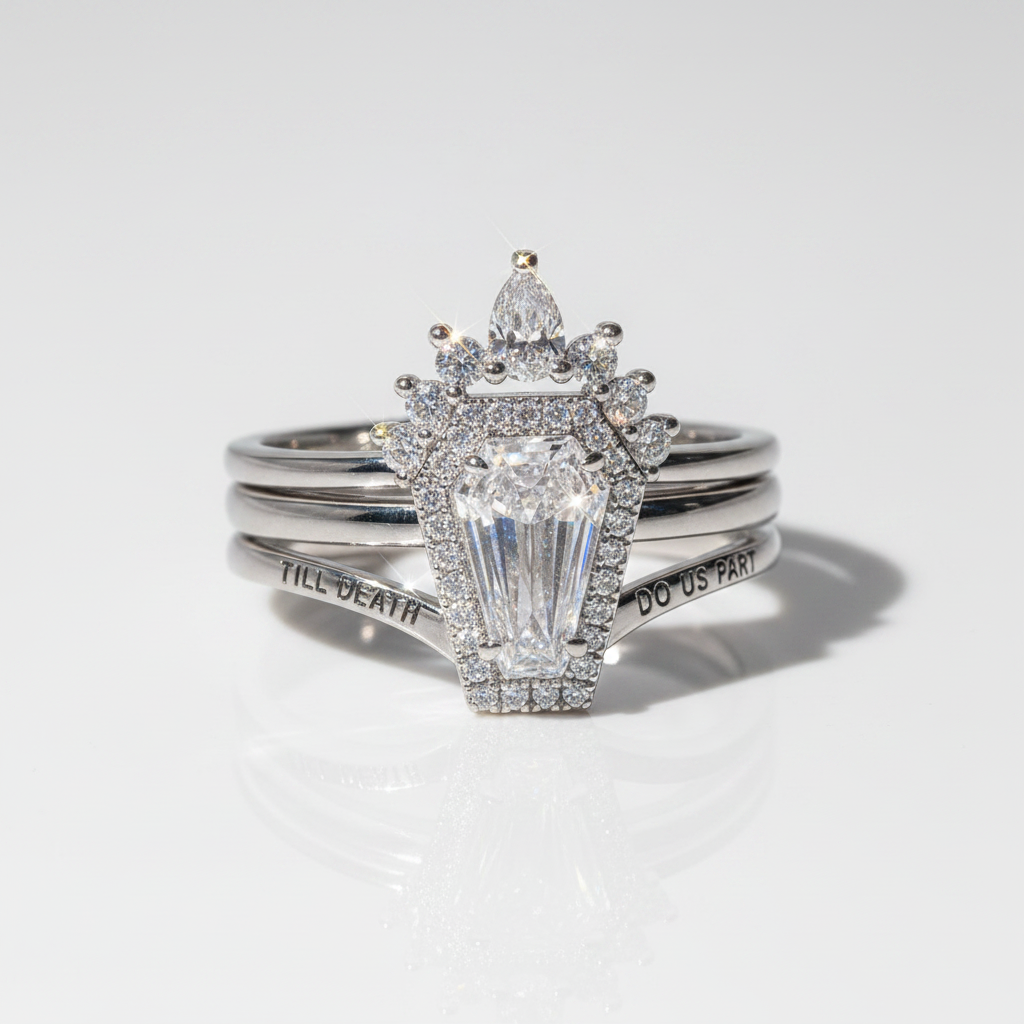 Till Death Do Us Part Rings- Rare Coffin Cut Diamond Option 14k White Gold Ring Set-Black Diamonds New York