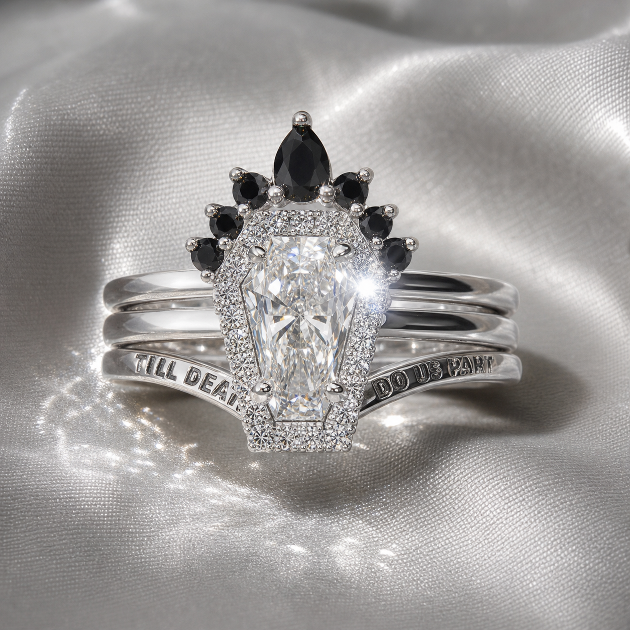Till Death Do Us Part Rings- Rare Coffin Cut Diamond Option 14k White Gold Ring Set-Black Diamonds New York