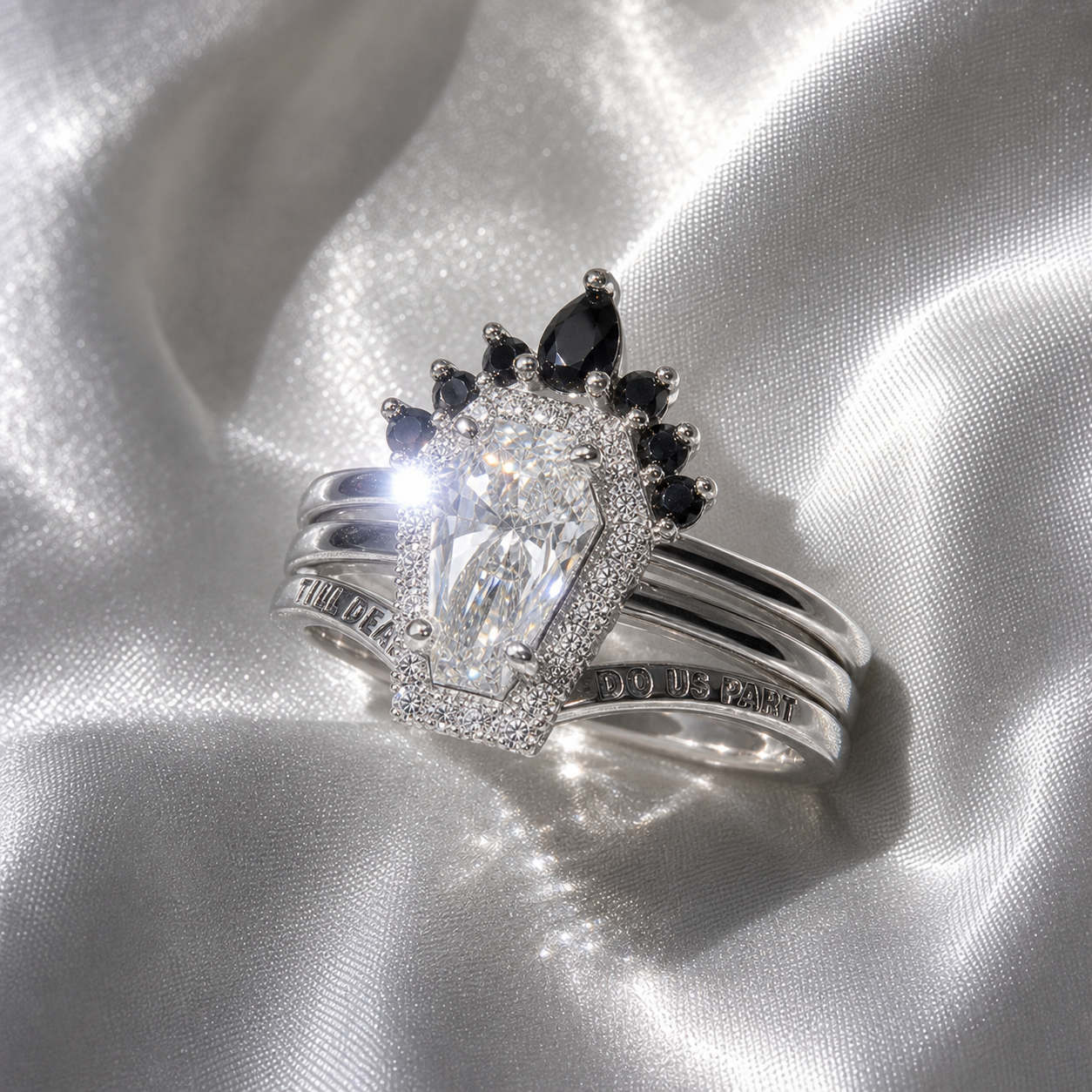 Till Death Do Us Part Rings- Rare Coffin Cut Diamond Option 14k White Gold Ring Set-Black Diamonds New York