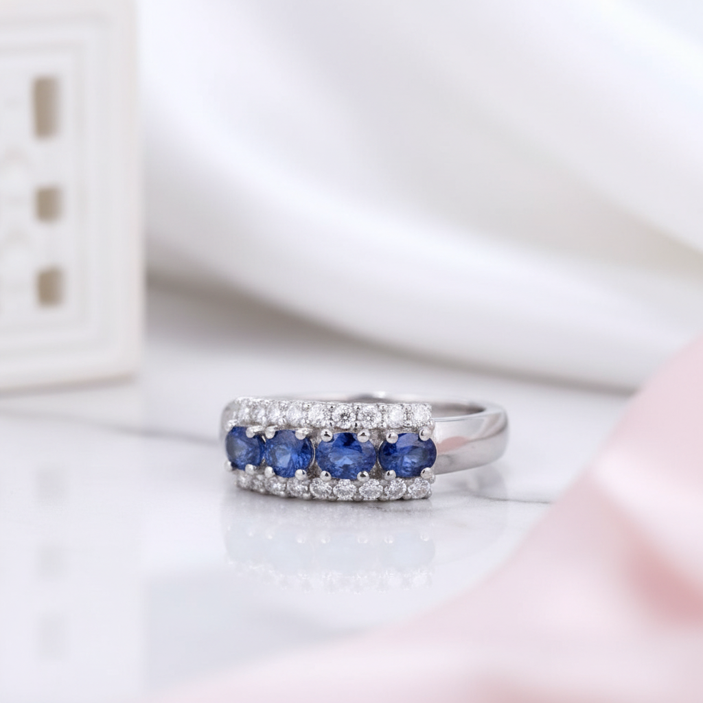 0.92Ct Exquisite Blue Sapphire Simulant Ring Band-Black Diamonds New York