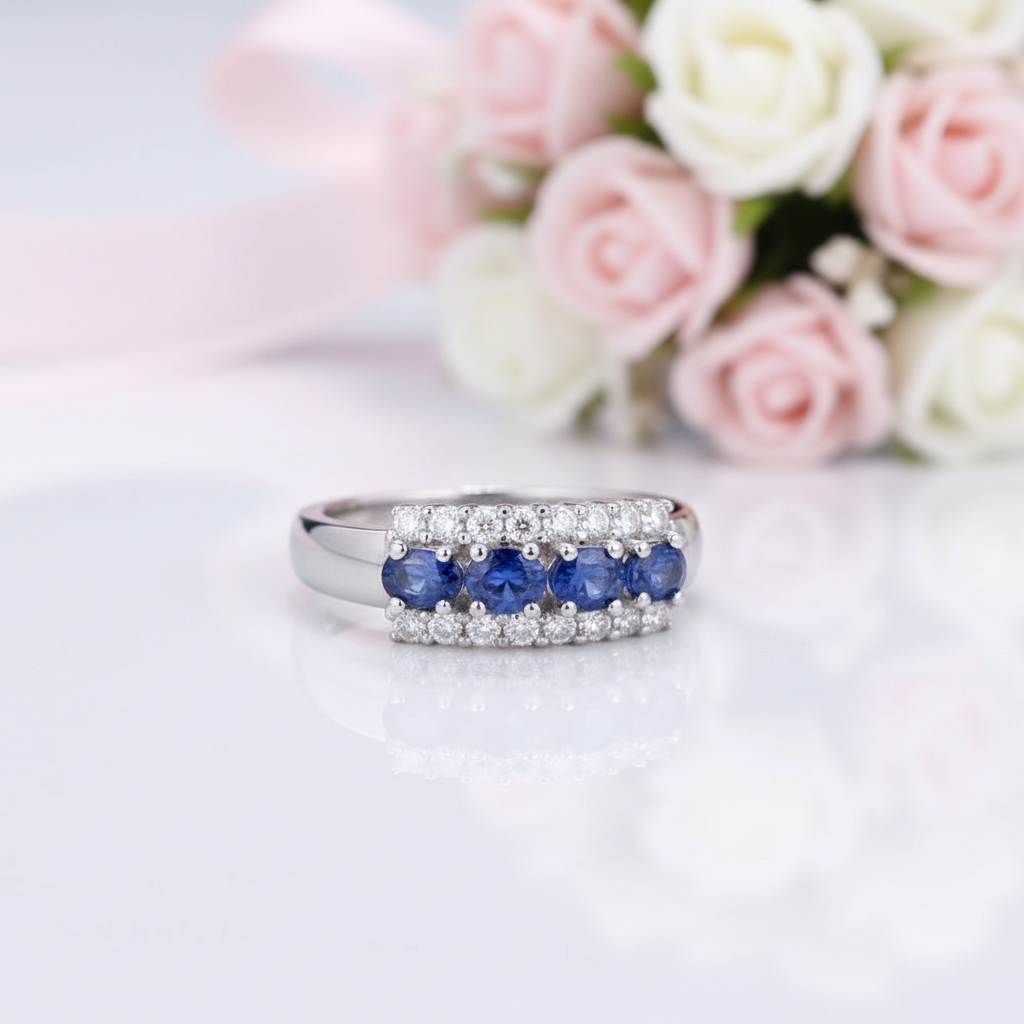 0.92Ct Exquisite Blue Sapphire Simulant Ring Band-Black Diamonds New York