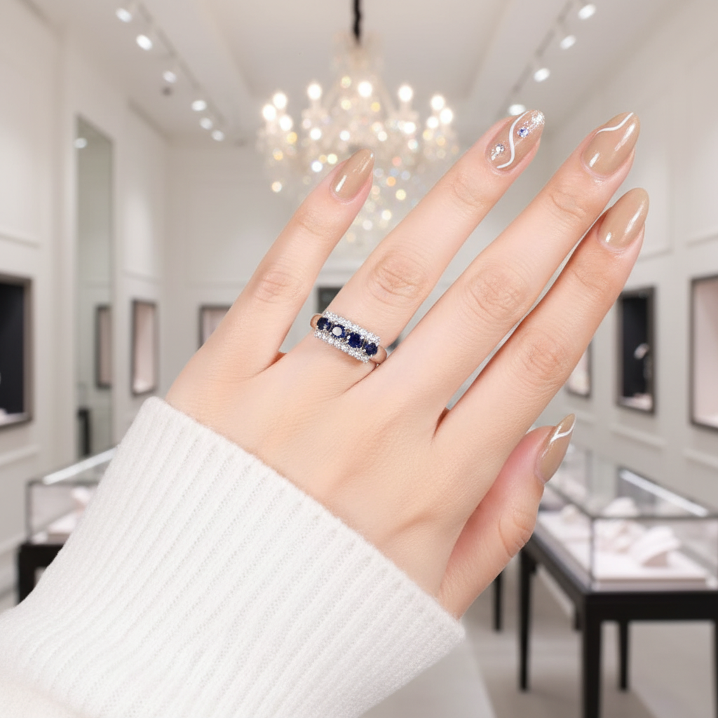 0.92Ct Exquisite Blue Sapphire Simulant Ring Band-Black Diamonds New York