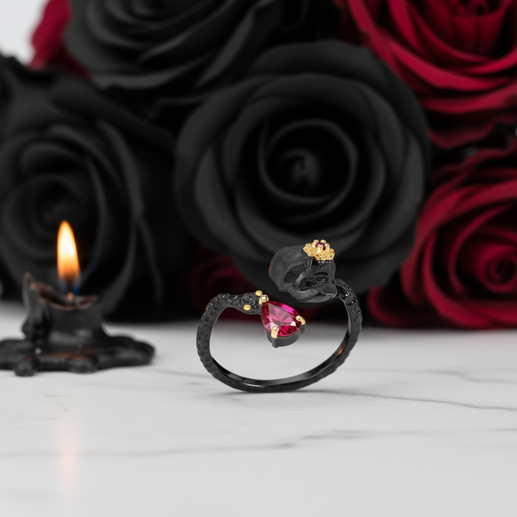0.9Ct Ruby Gemstone Adjustable Skull Ring-Black Diamonds New York