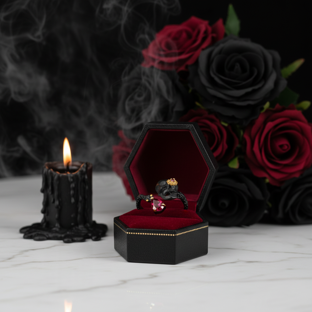 0.9Ct Ruby Gemstone Adjustable Skull Ring-Black Diamonds New York