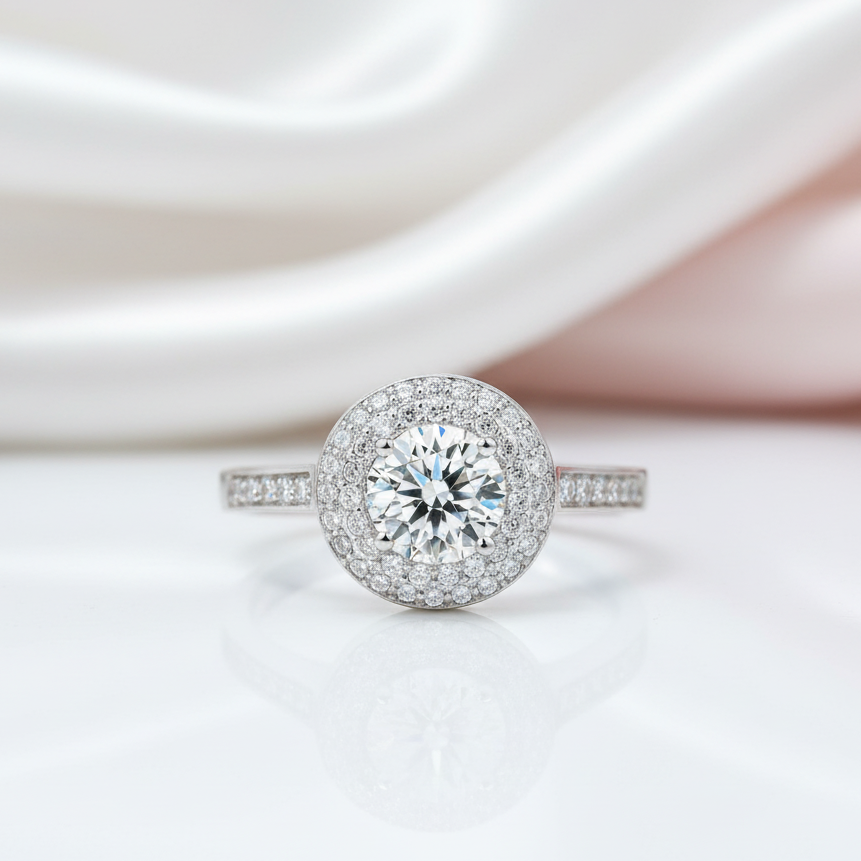1.0 Ct Round Cut Diamond Option Double Halo Engagement Ring-Black Diamonds New York