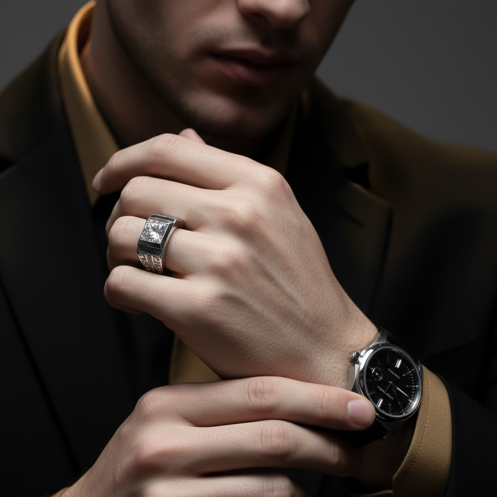 1.0 Ct Round Cut D Color Diamond Option Vintage Men's Ring-Black Diamonds New York