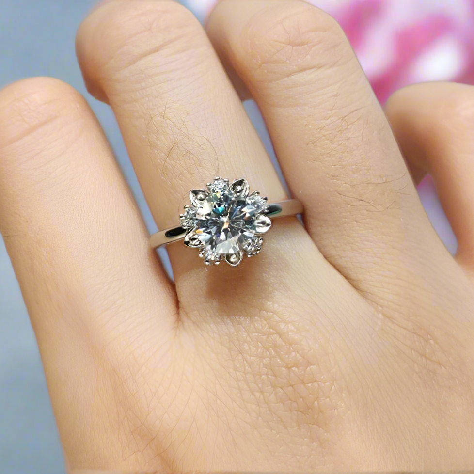 1 Carat Round Cut Diamond Heart Claws Snowflake Engagement Ring-Black Diamonds New York