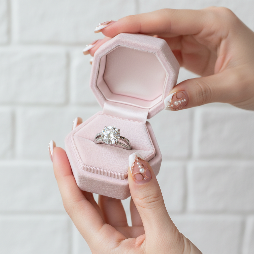 Pink hexagonal jewelry box with a ring inside, held by a hand against a light background