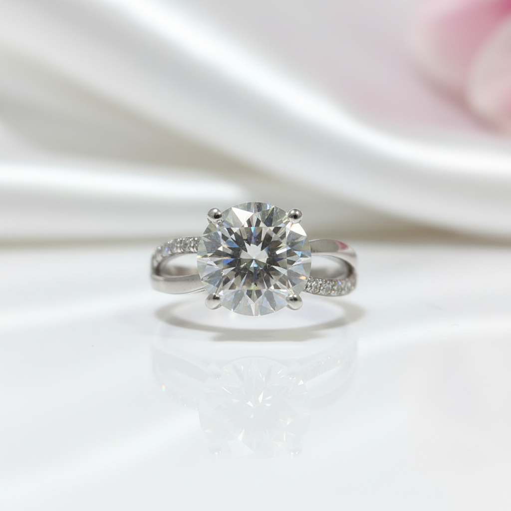 Diamond ring on a soft white fabric background