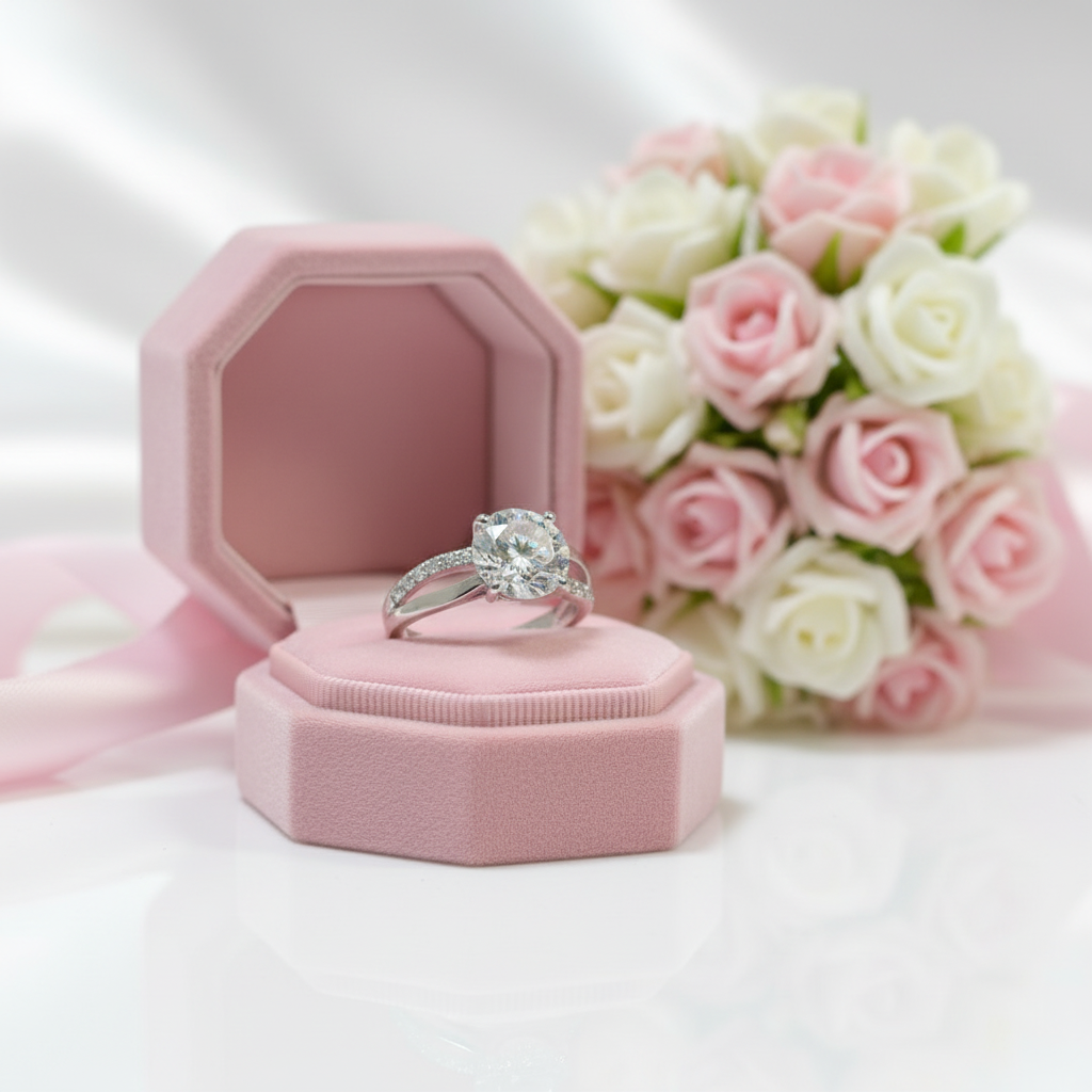 Silver ring in a pink jewelry box with pink and white roses in the background