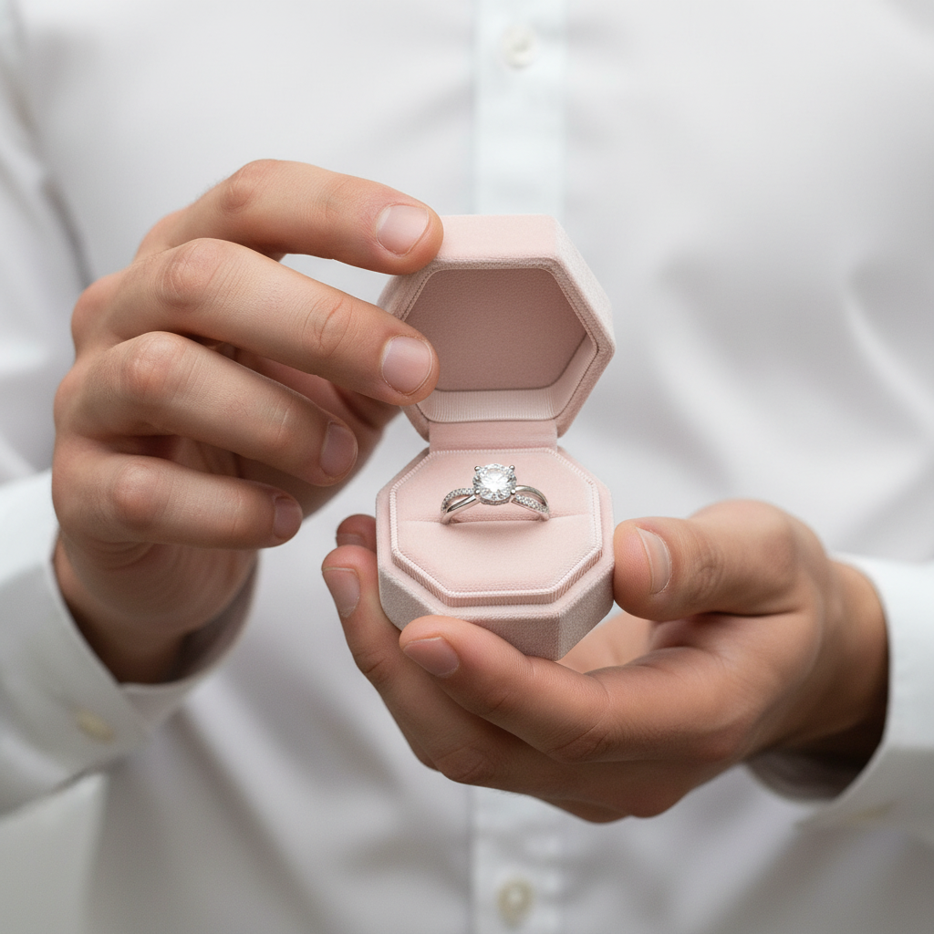 Person holding a pink hexagonal ring box with a diamond ring inside against a white background