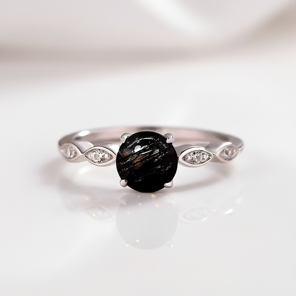 Carat Round Cut Black Rutilated Quartz Promise Ring – Black