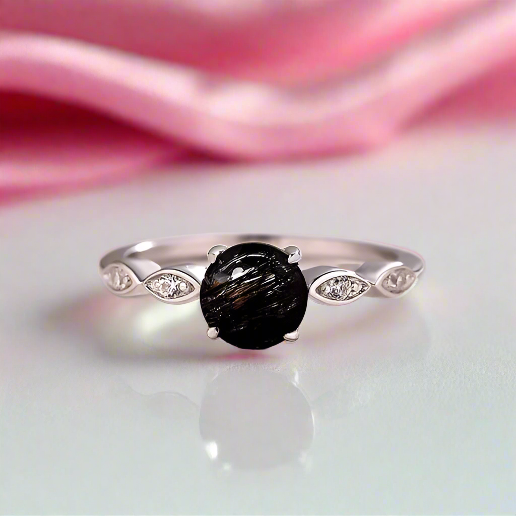 1.0 Carat Round Cut Black Rutilated Quartz Promise Ring-Black Diamonds New York