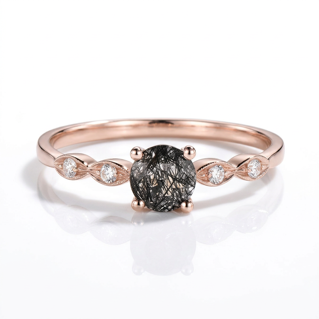 1.0 Carat Round Cut Black Rutilated Quartz Promise Ring-Black Diamonds New York