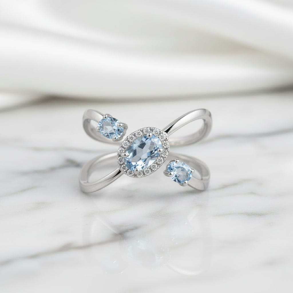 1.04Ct Round Sky Blue Topaz Gemstone Ring-Black Diamonds New York