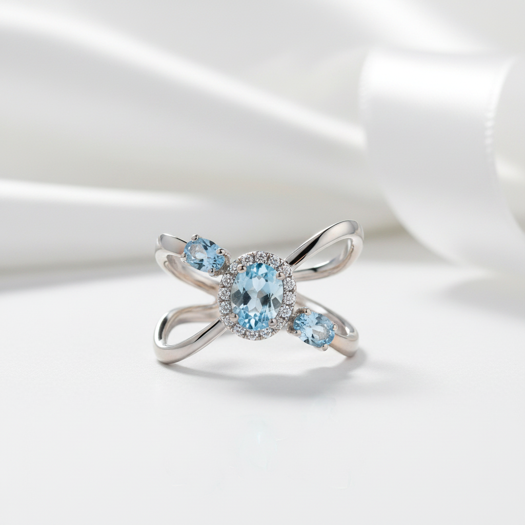 1.04Ct Round Sky Blue Topaz Gemstone Ring-Black Diamonds New York