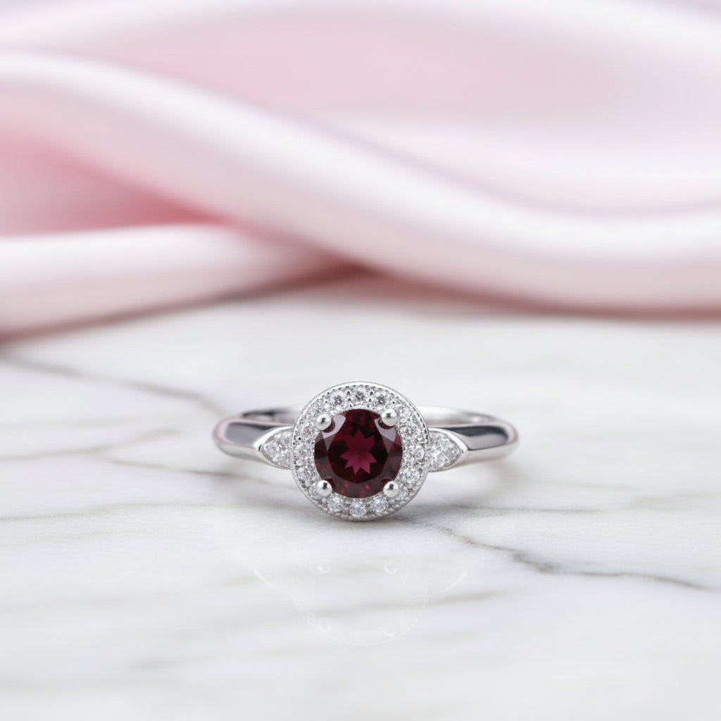 1.05 Ct Round Red Garnet Classic Ring-Black Diamonds New York