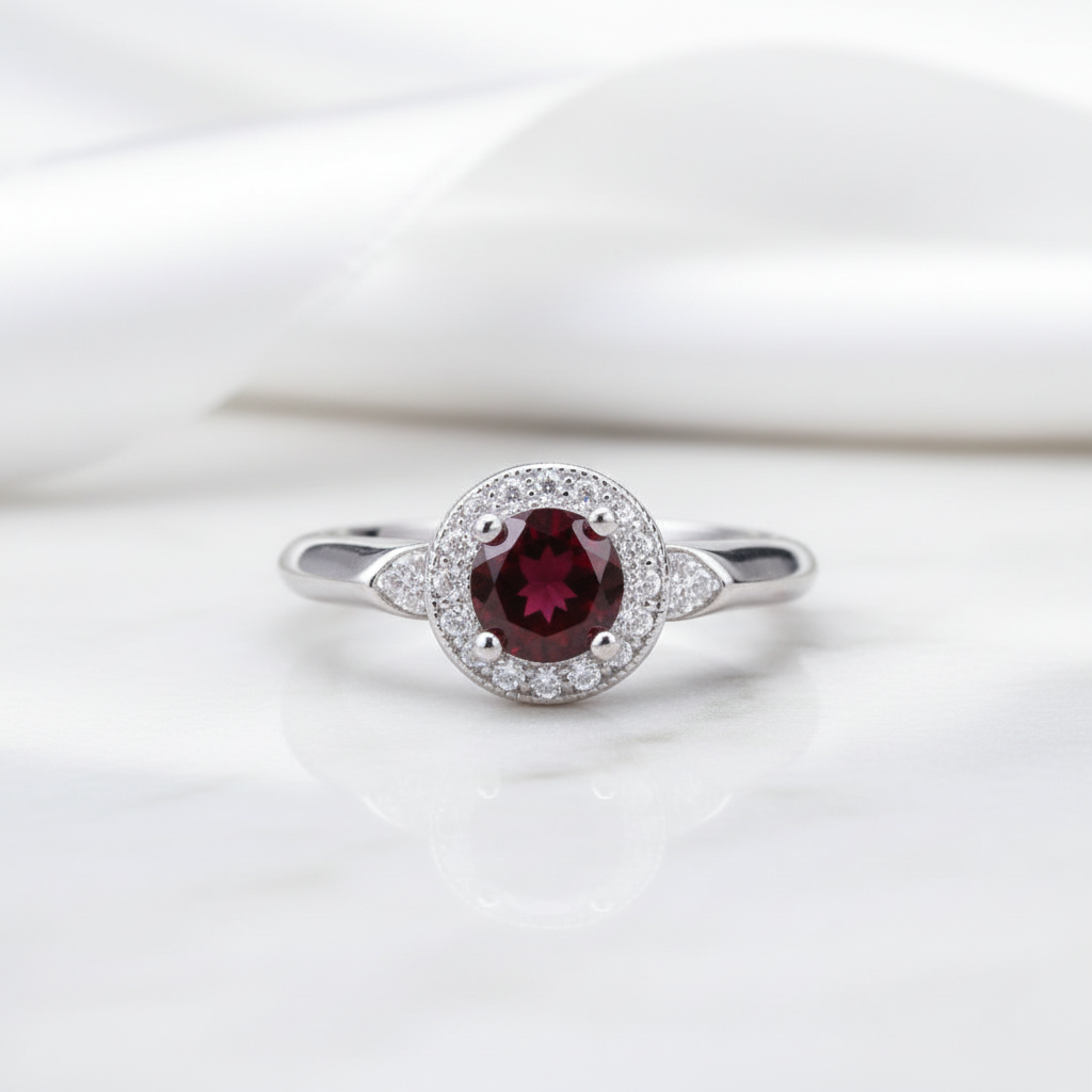 1.05 Ct Round Red Garnet Classic Ring-Black Diamonds New York