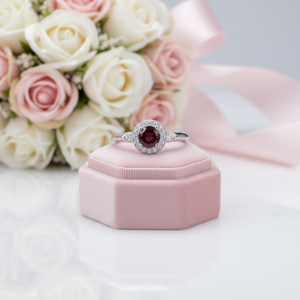 1.05 Ct Round Red Garnet Classic Ring-Black Diamonds New York