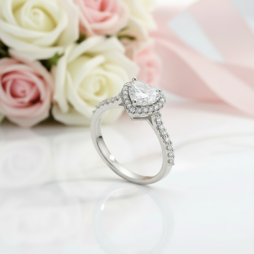 1.0Ct 6.5mm Classic Heart Halo Diamond Option Engagement Ring-Black Diamonds New York