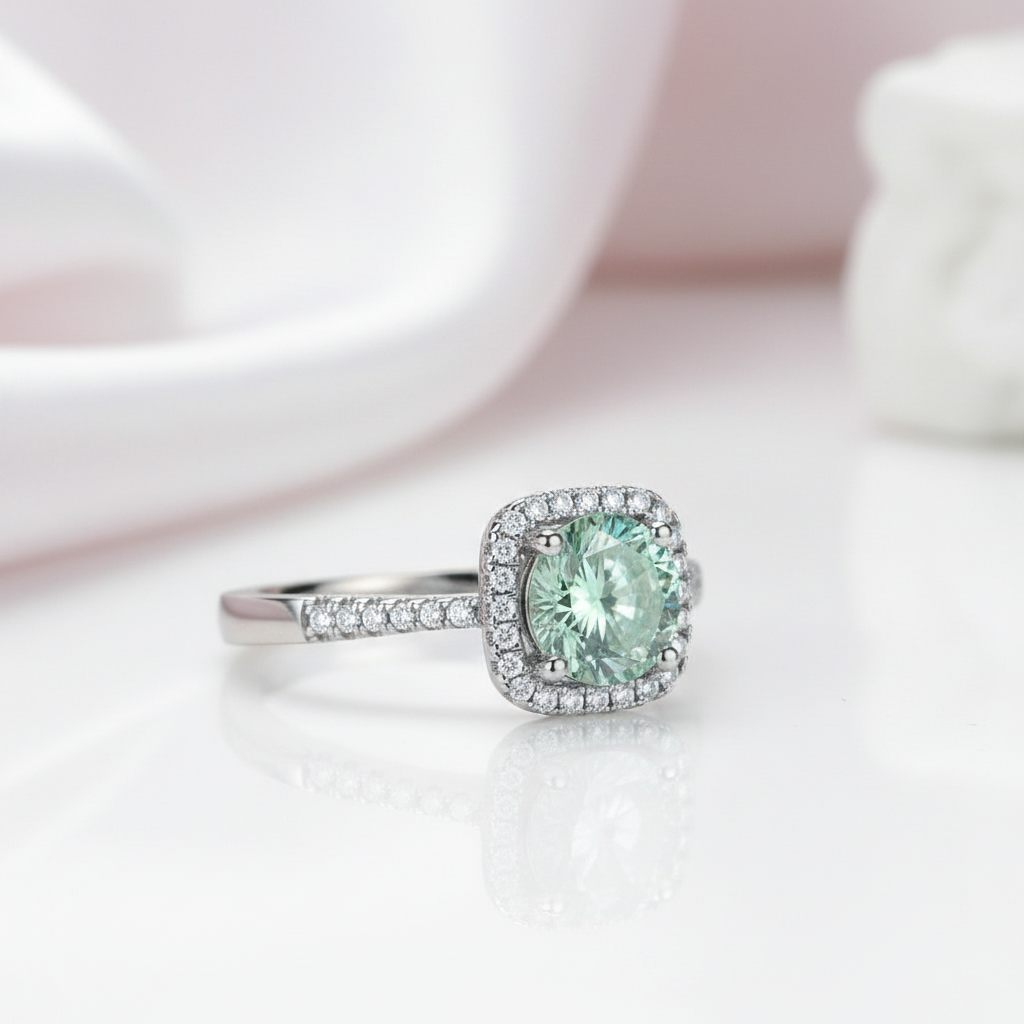 Ring with a green gemstone and diamond halo on a light background