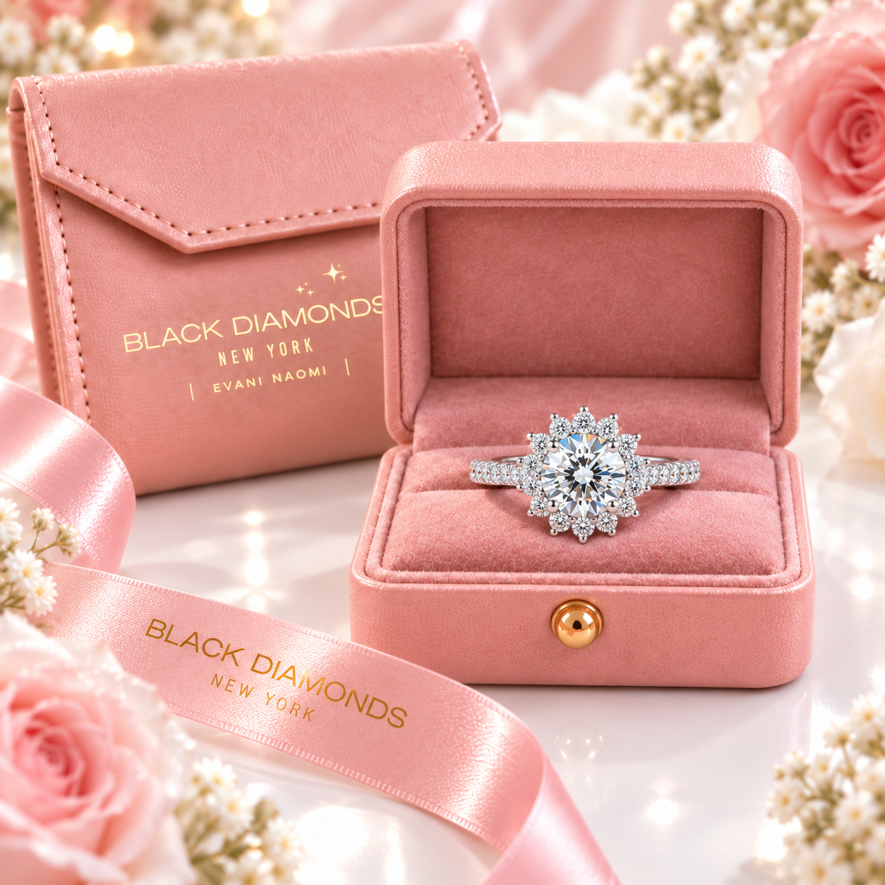 1.0Ct 6.5mm VVS1 Diamond Option Sun Flower Engagement Ring-Black Diamonds New York