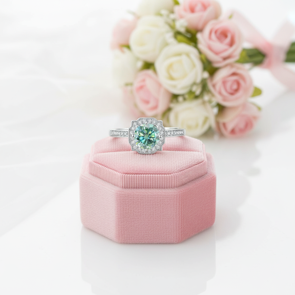 1.0Ct Round Halo Green Diamond Option Engagement Ring-Black Diamonds New York