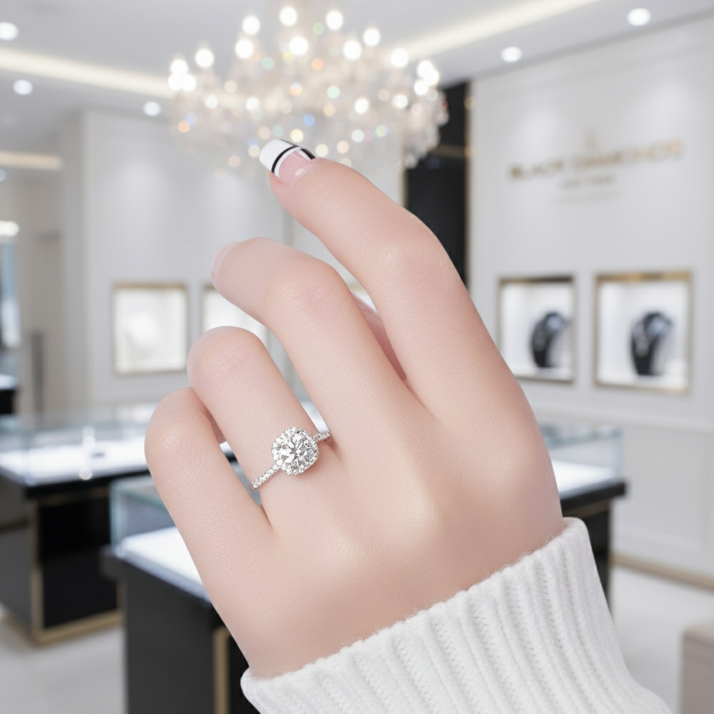 1.0 Ct 6.5mm Round Diamond Halo Engagement Ring-Black Diamonds New York